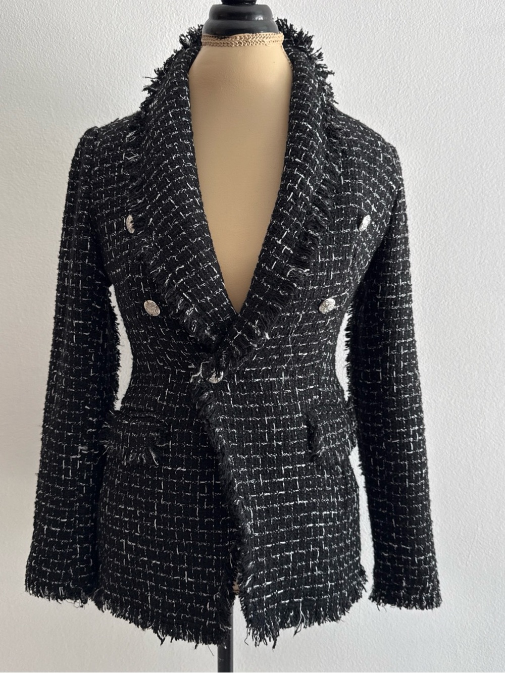 Rachel Zoe Black and White Tweed Double-Breasted Fringed Blazer